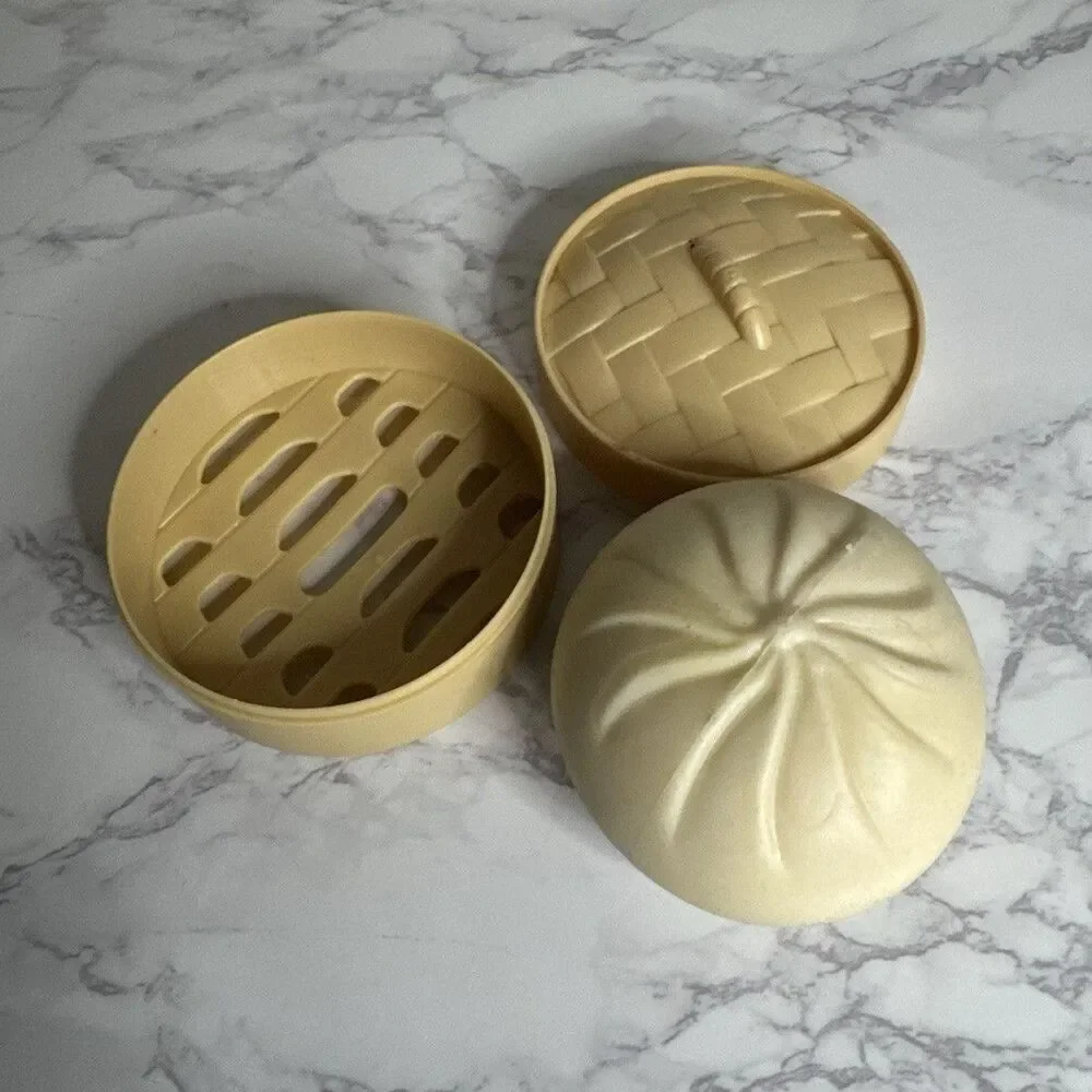 Beige Plastic Dumpling Basket with Lid, Woven Pattern, Small, 1985